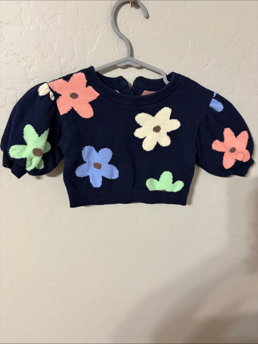 GAP Navy Floral Puff-Sleeve Crop Sweater